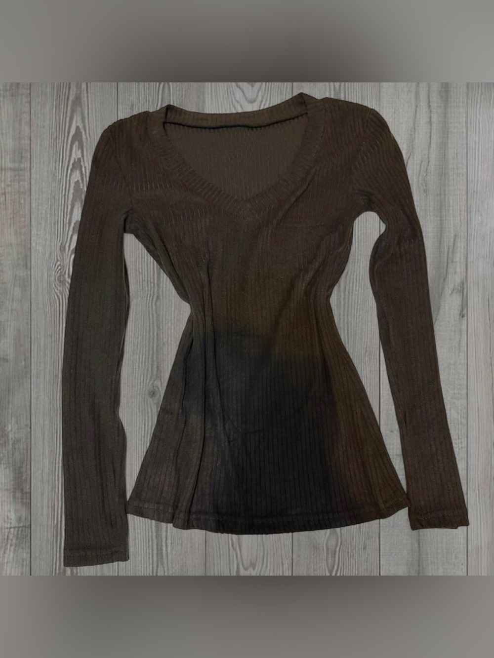 Ribbed V-Neck Long Sleeve Top - Black